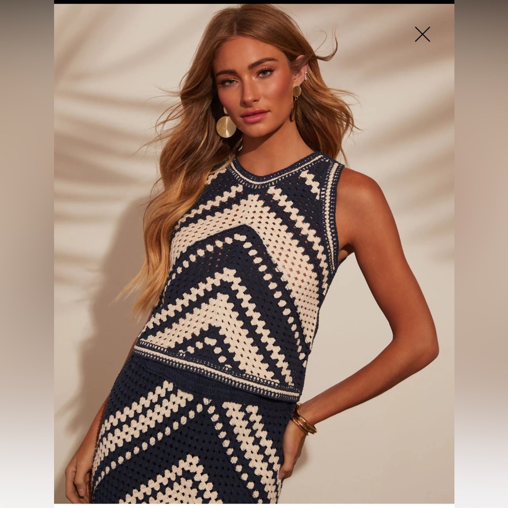 Vici Navy and Cream Crochet Dress